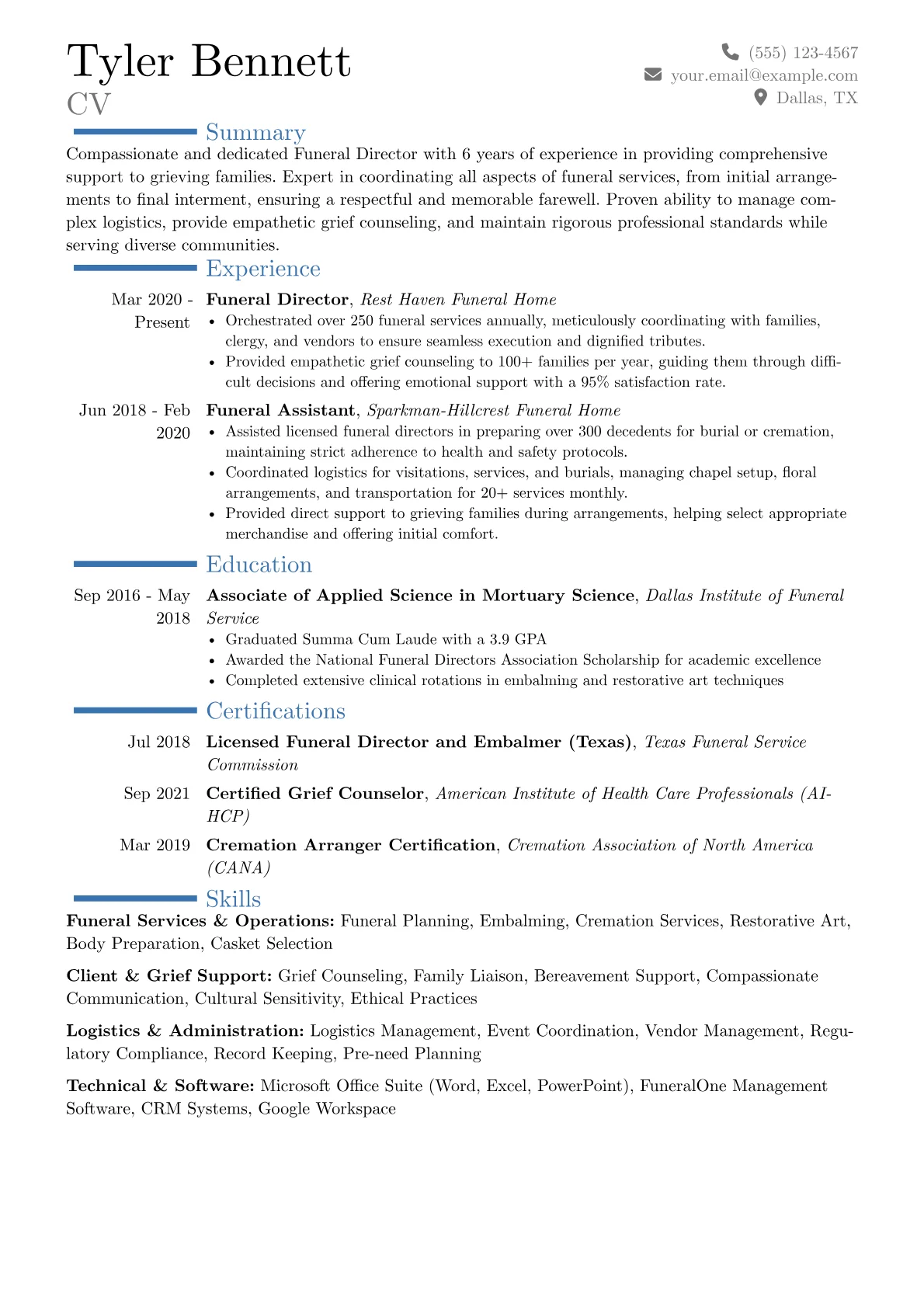 Funeral Director Resume Example CV template - Page 1
