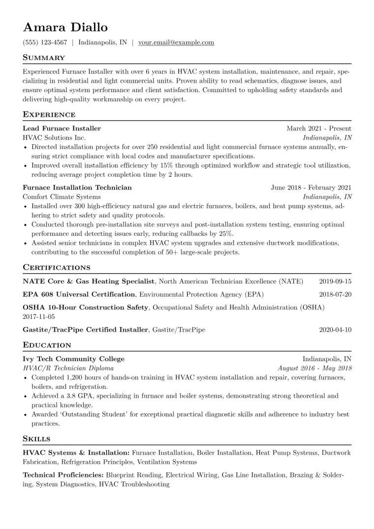 Furnace Installer Resume Example CV template preview