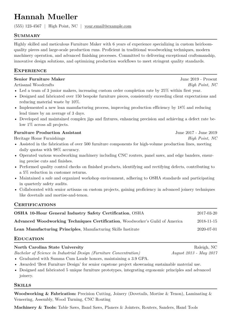 Furniture Maker Resume Example CV template preview
