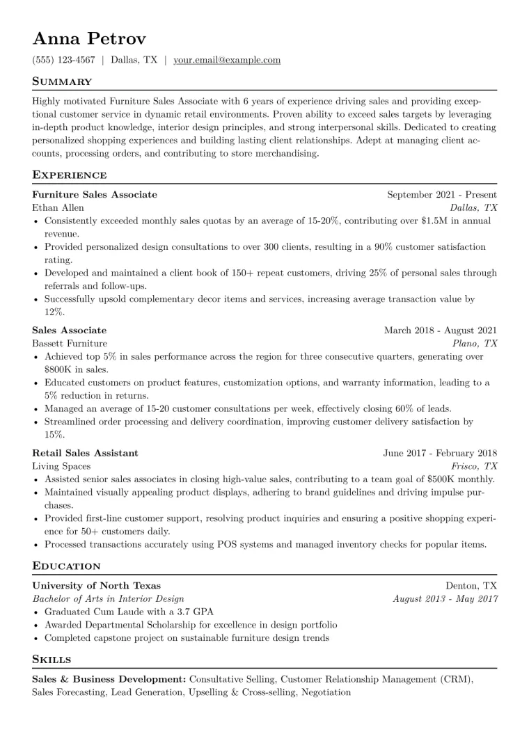 Furniture Sales Associate Resume Example CV template preview