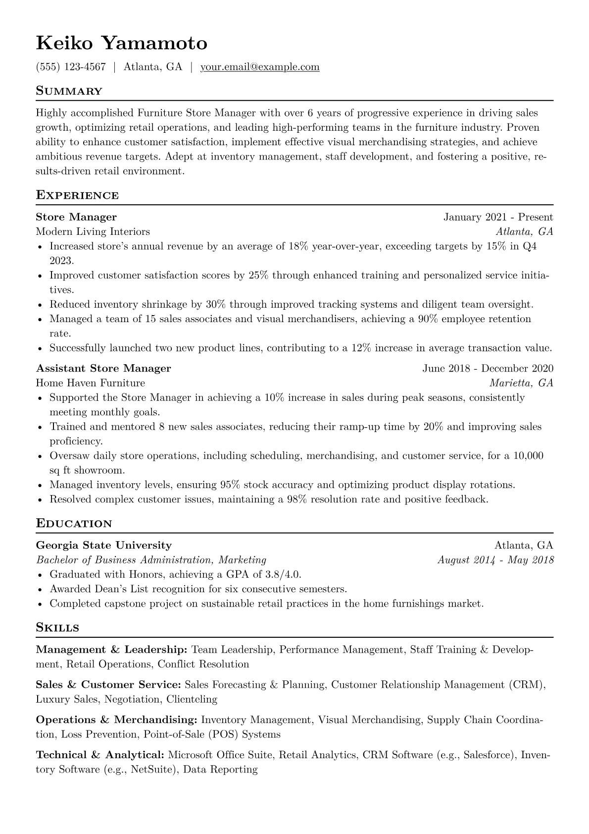 Furniture Store Manager Resume Example CV template - Page 1