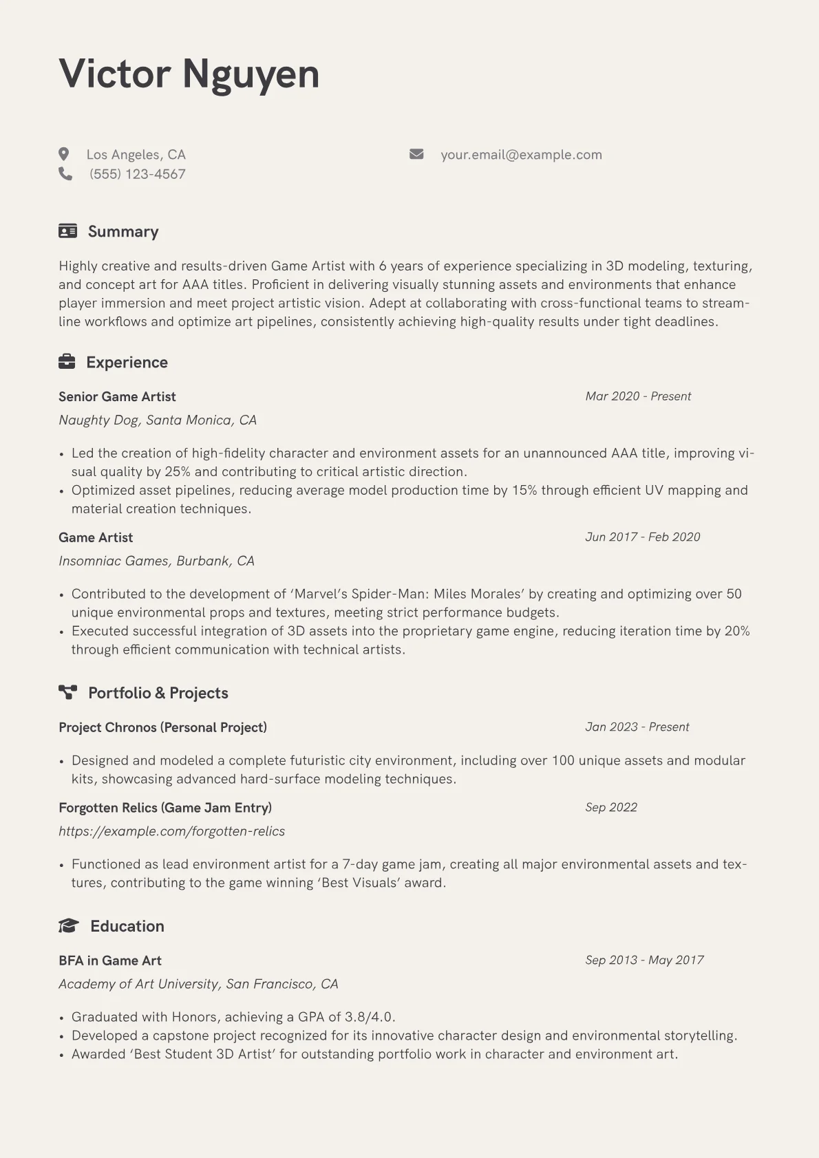 Game Artist Resume Example CV template - Page 1