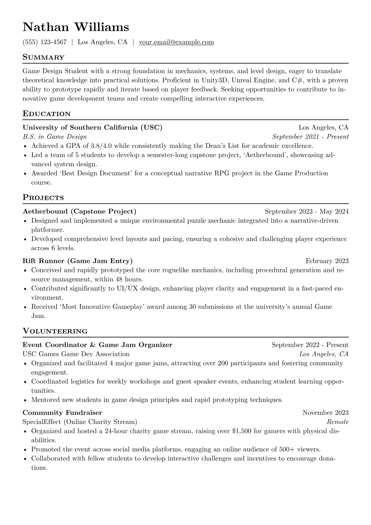 Game Design Student Resume Example CV template - Page 1