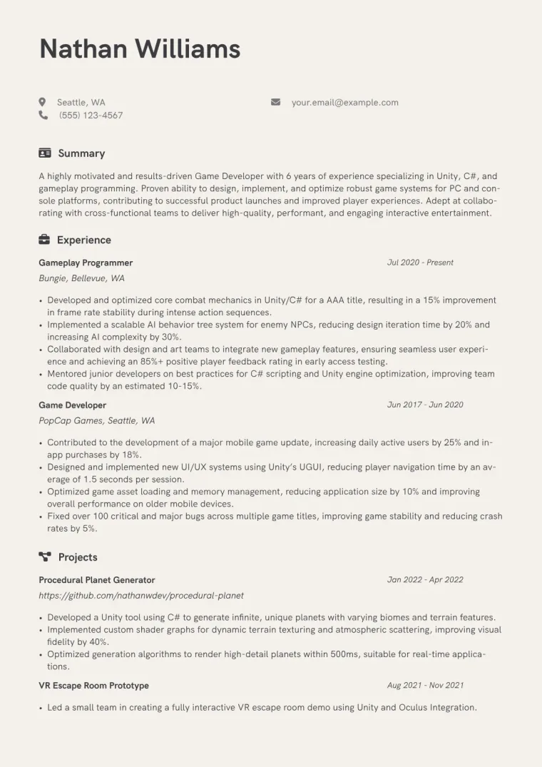 Game Developer Resume Example CV template preview