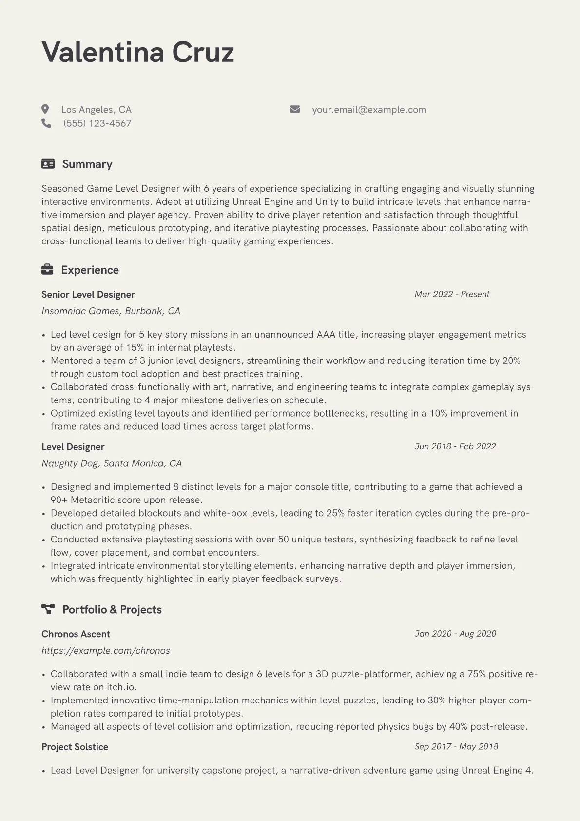 Game Level Designer Resume Example CV template - Page 1