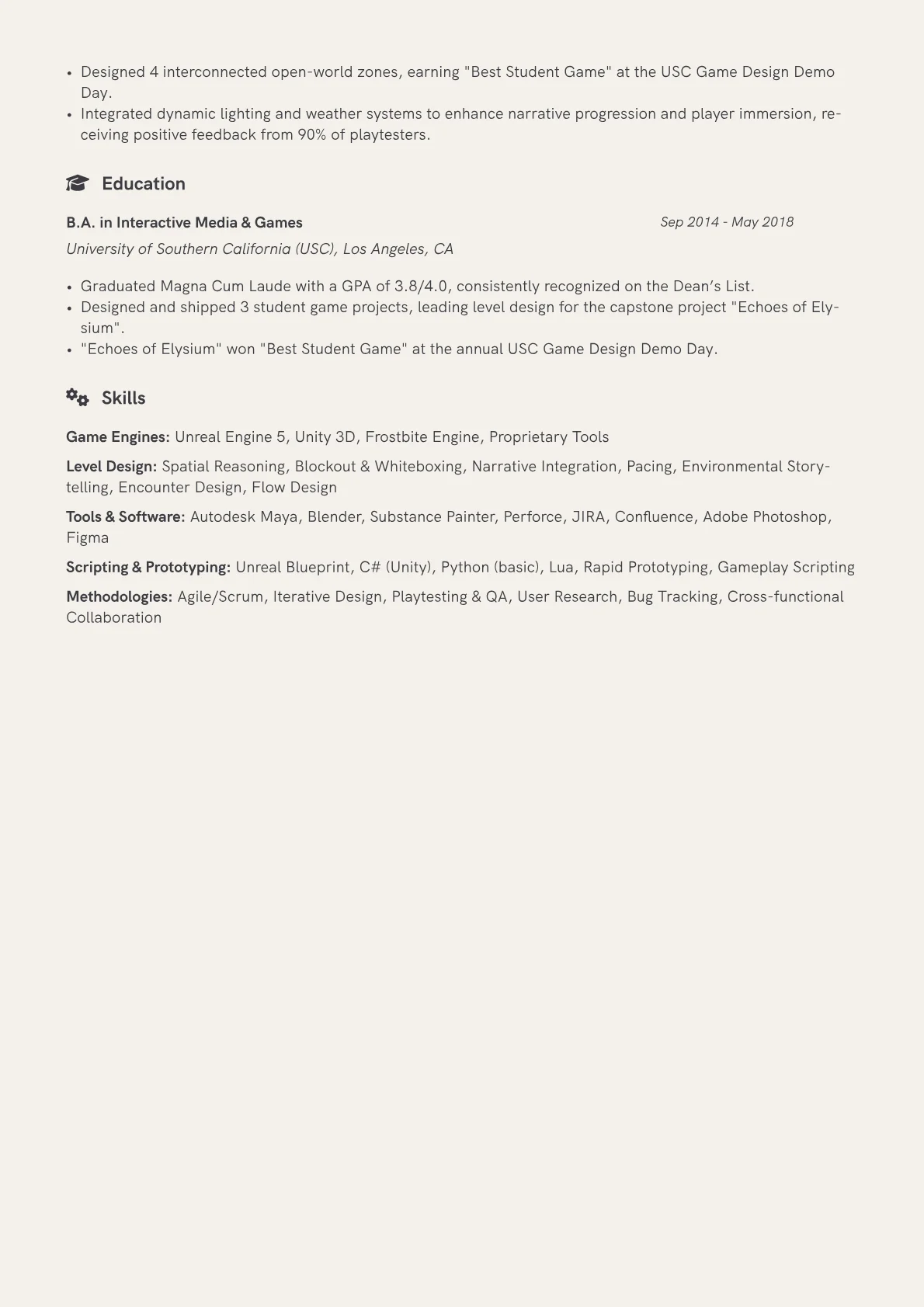 Game Level Designer Resume Example CV template - Page 2