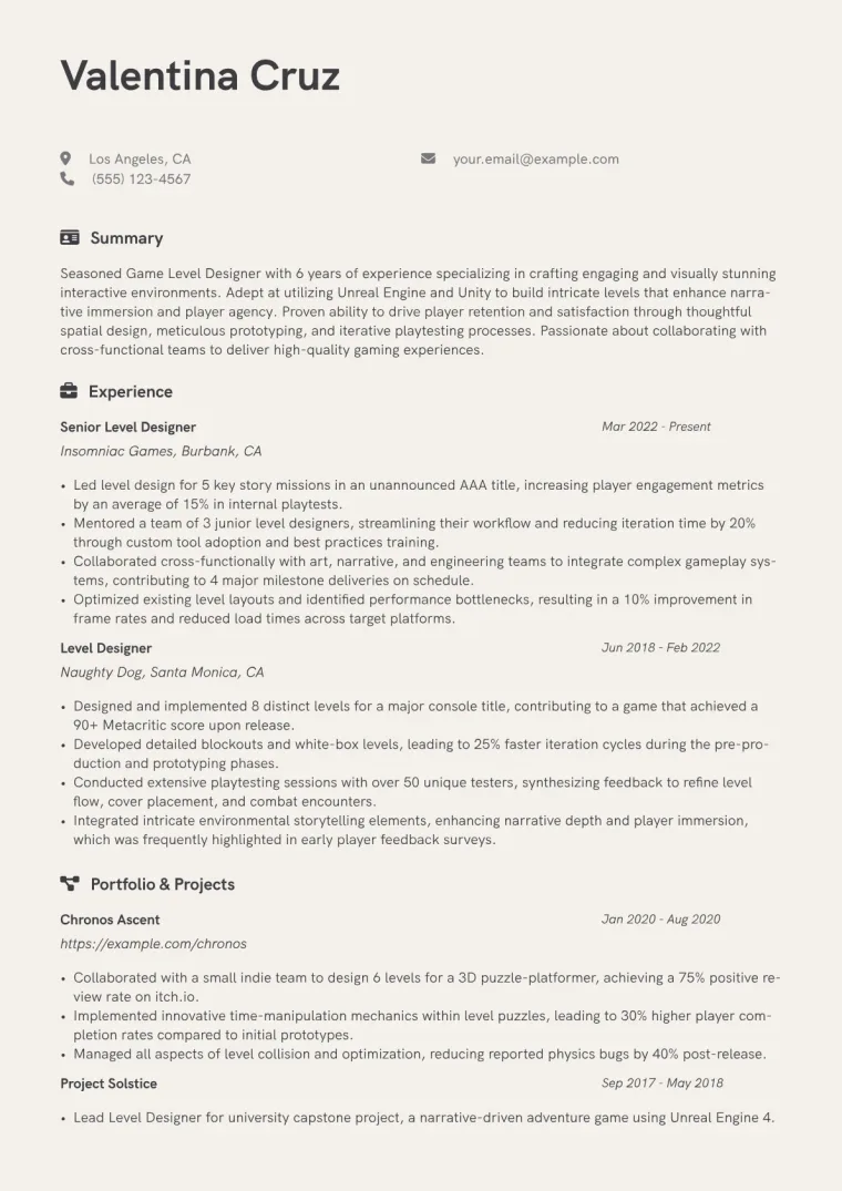 Game Level Designer Resume Example CV template preview