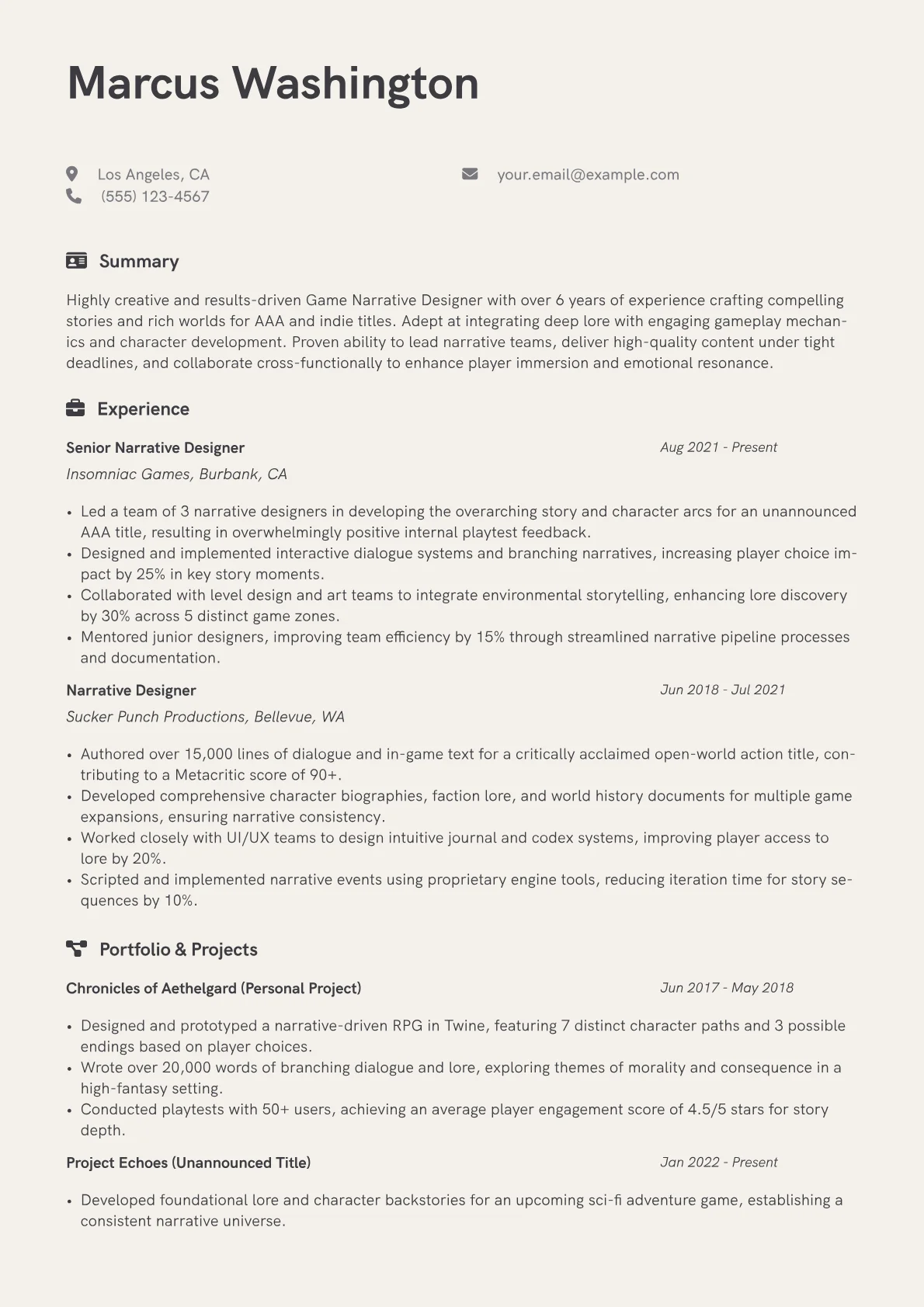 Game Narrative Designer Resume Example CV template - Page 1
