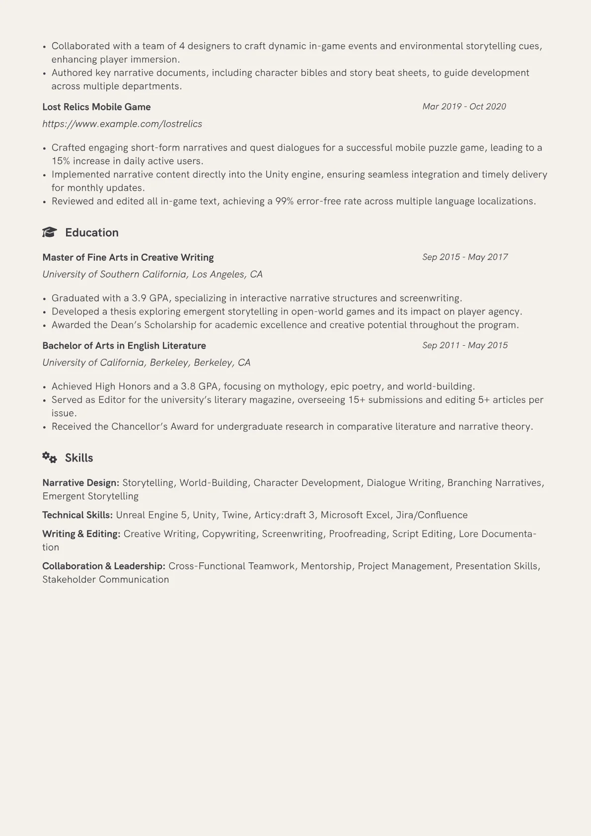 Game Narrative Designer Resume Example CV template - Page 2