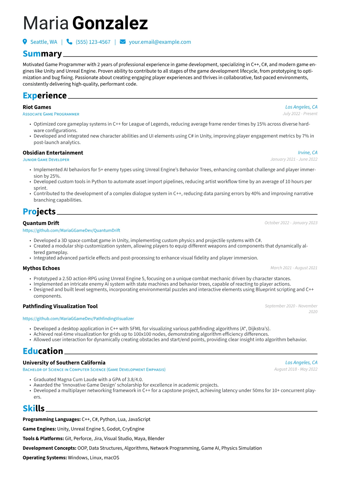 Game Programmer Resume Example CV template - Page 1