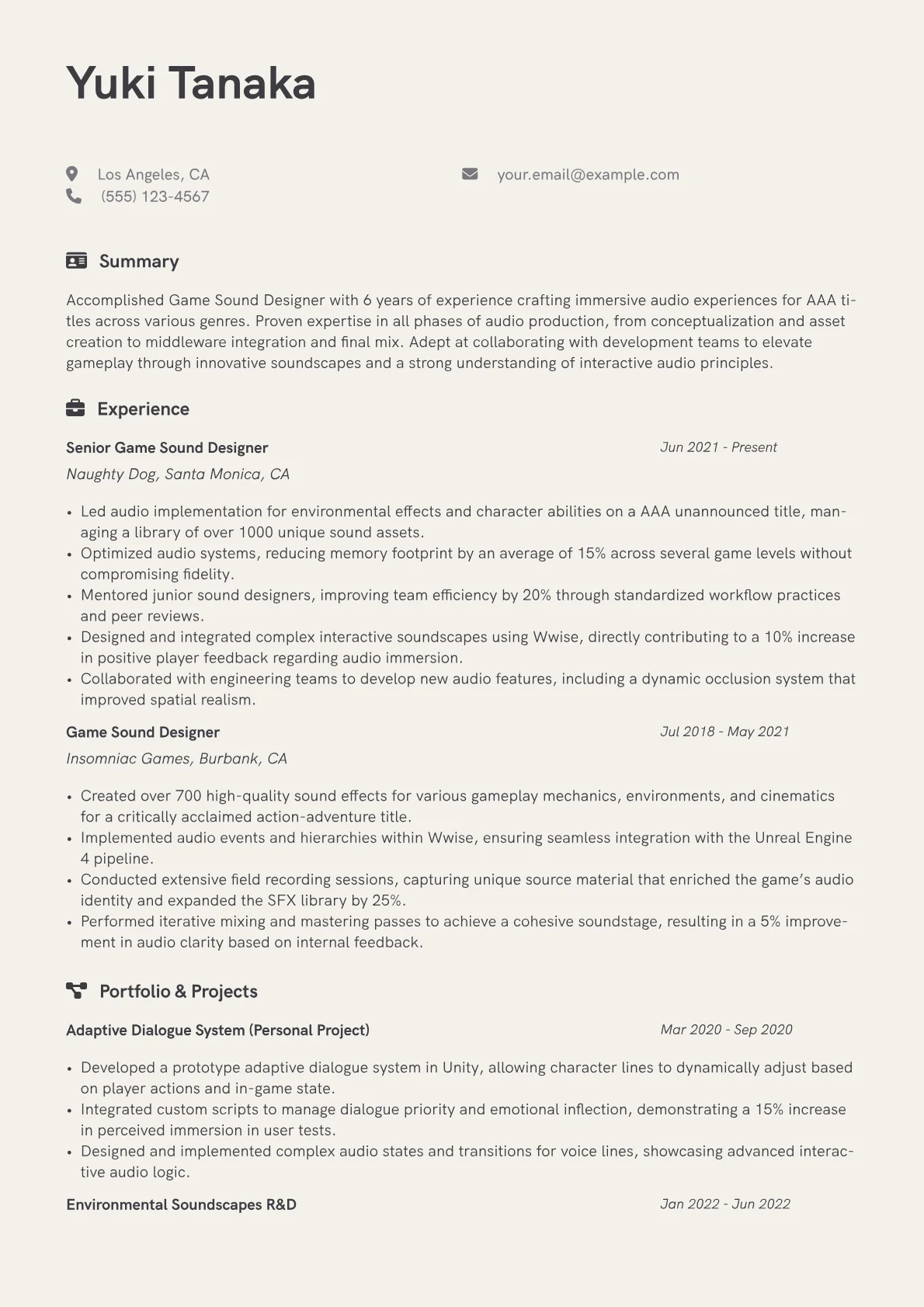 Game Sound Designer Resume Example CV template - Page 1