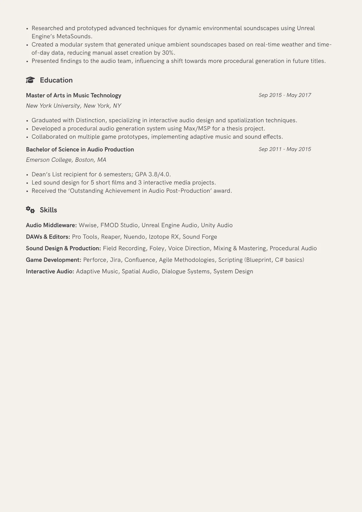 Game Sound Designer Resume Example CV template - Page 2