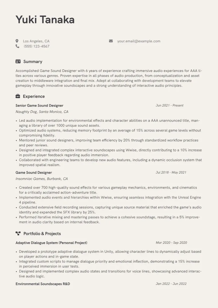 Game Sound Designer Resume Example CV template preview