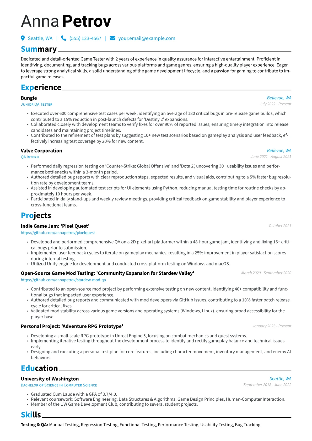 Game Tester Resume Example CV template - Page 1