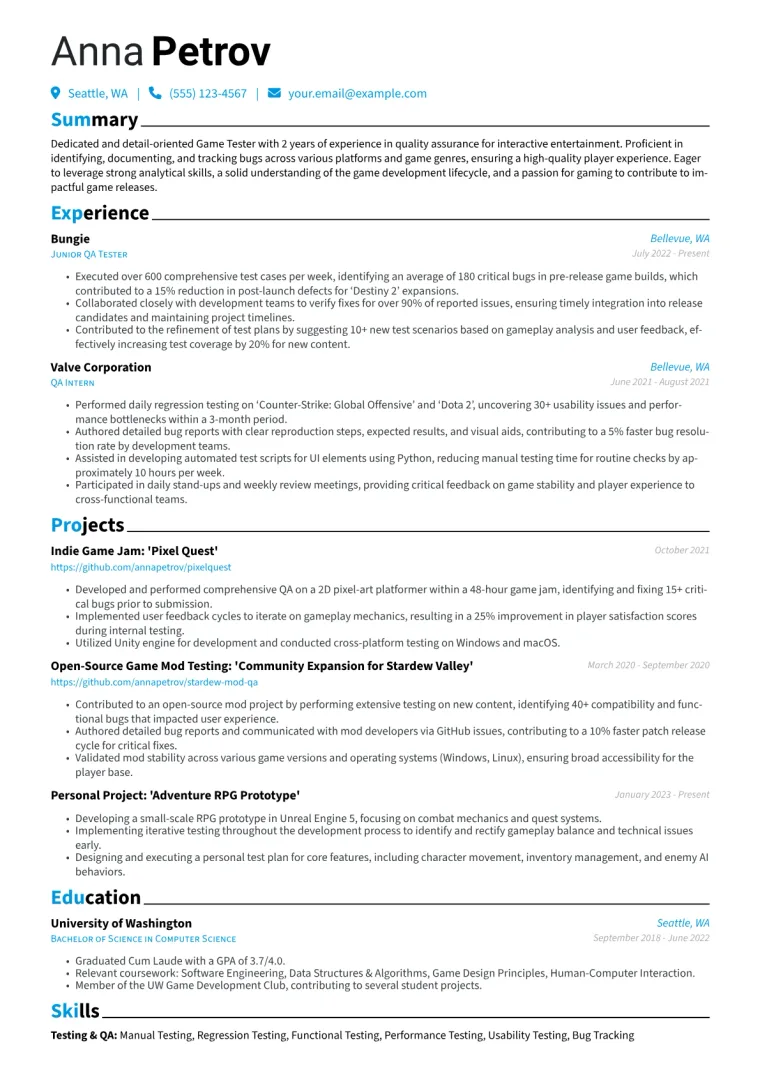 Game Tester Resume Example CV template preview