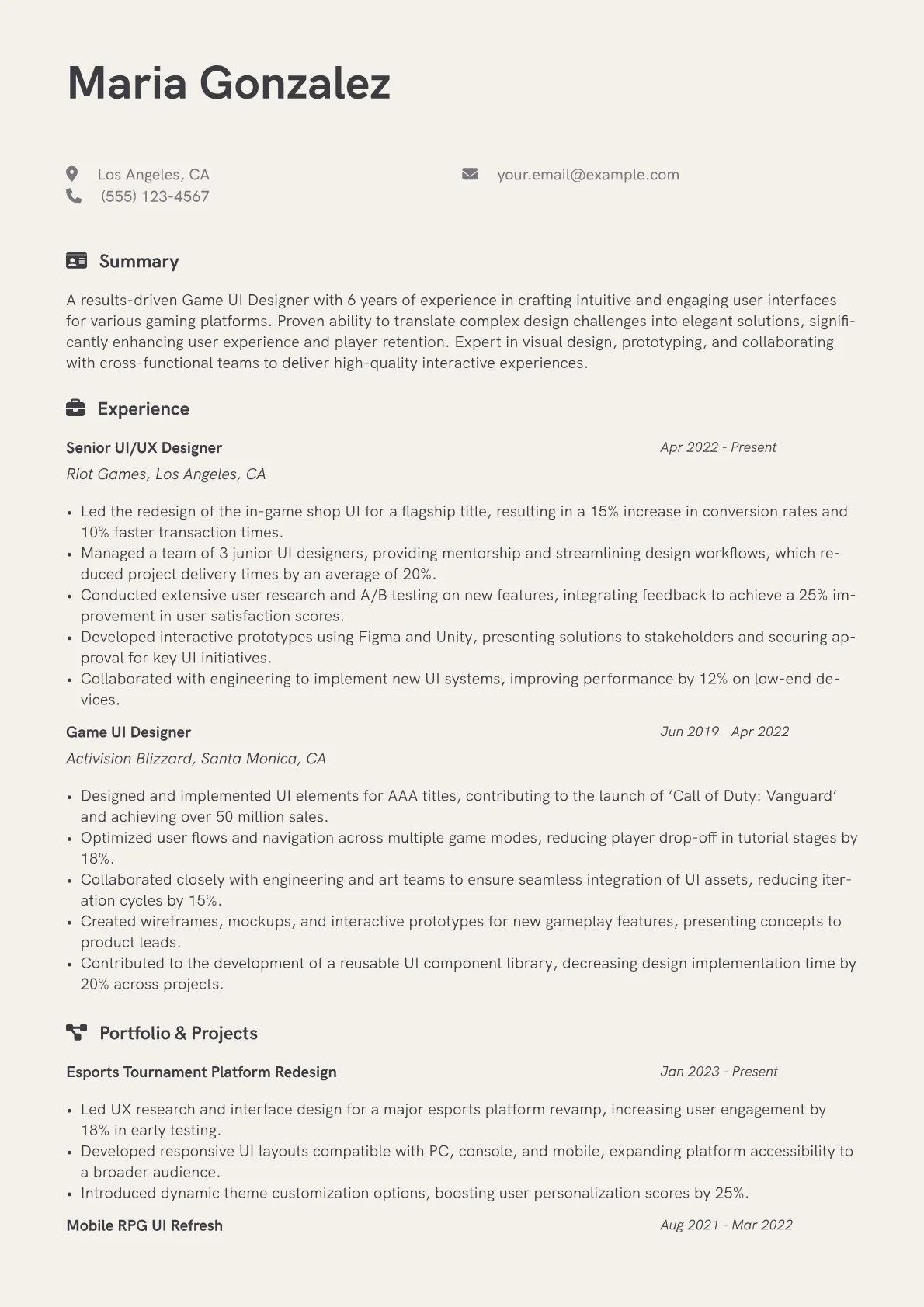 Game UI Designer Resume Example CV template - Page 1