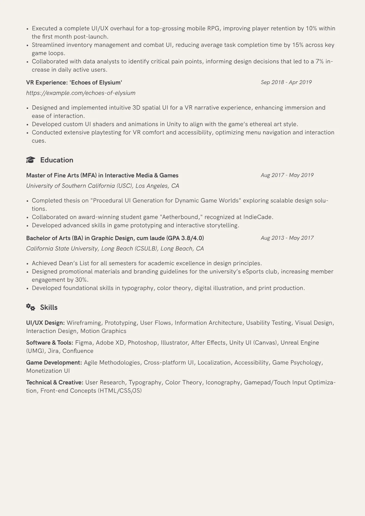 Game UI Designer Resume Example CV template - Page 2