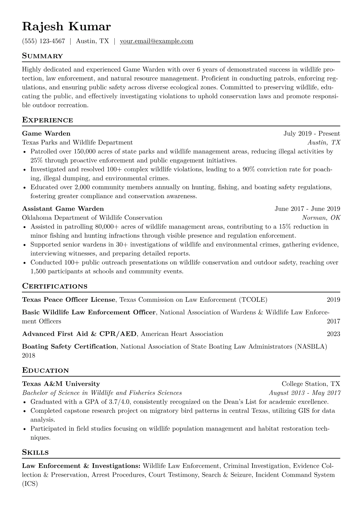 Game Warden Resume Example CV template - Page 1