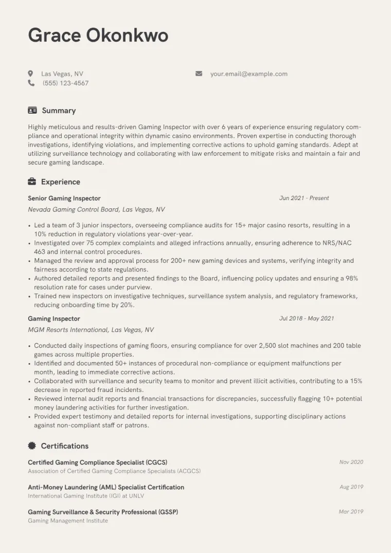 Gaming Inspector Resume Example CV template preview