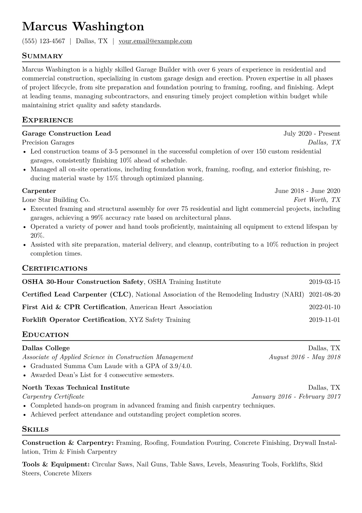 Garage Builder Resume Example CV template - Page 1
