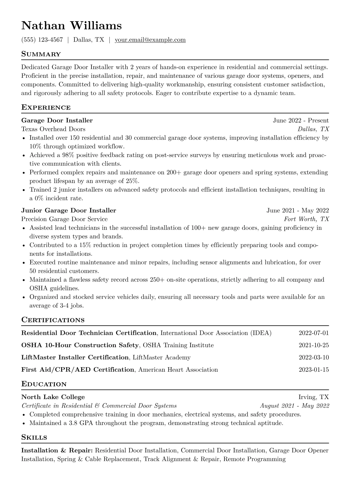 Garage Door Installer Resume Example CV template - Page 1