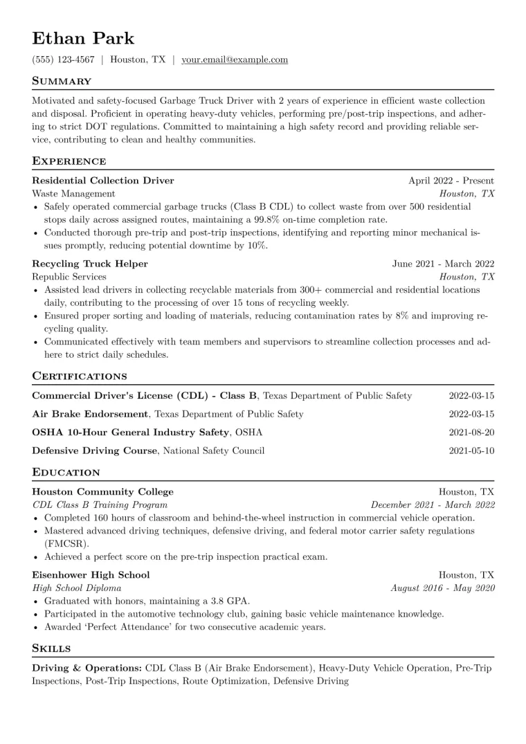 Garbage Truck Driver Resume Example CV template preview