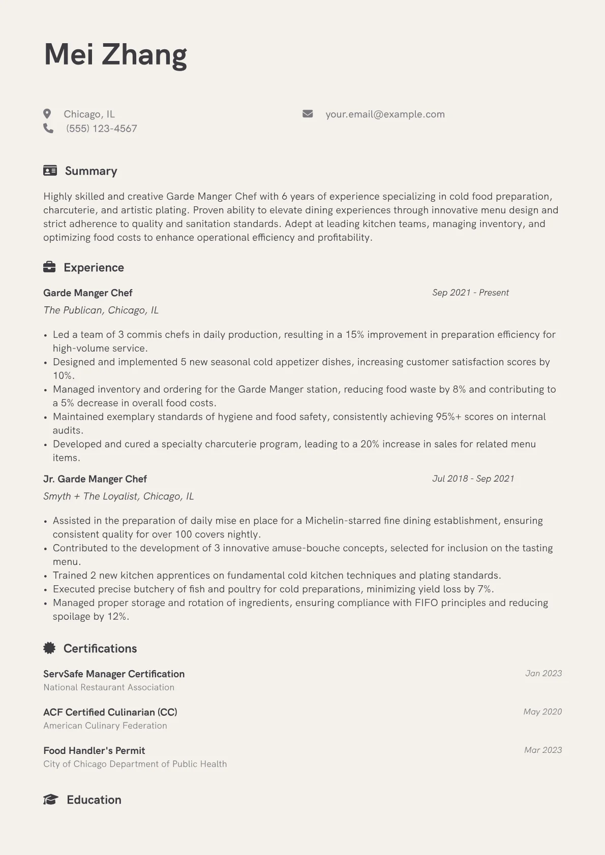 Garde Manger Chef Resume Example CV template - Page 1
