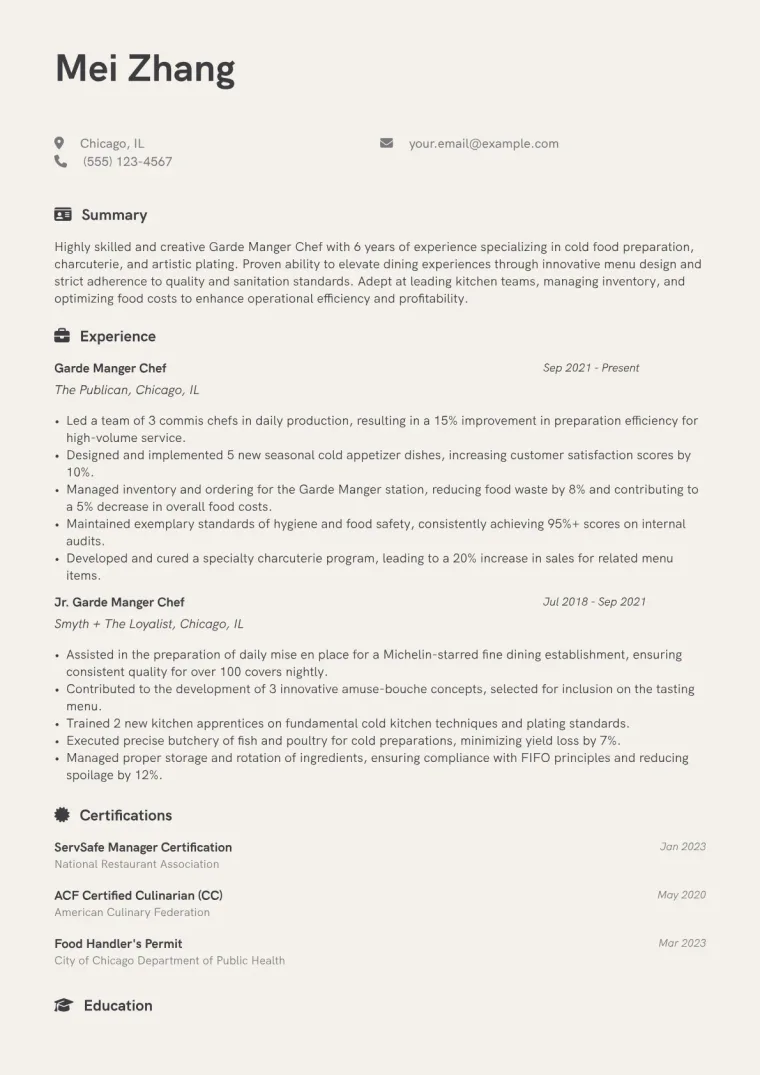 Garde Manger Chef Resume Example CV template preview