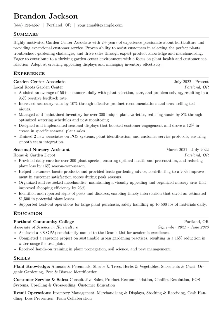 Garden Center Associate Resume Example CV template preview