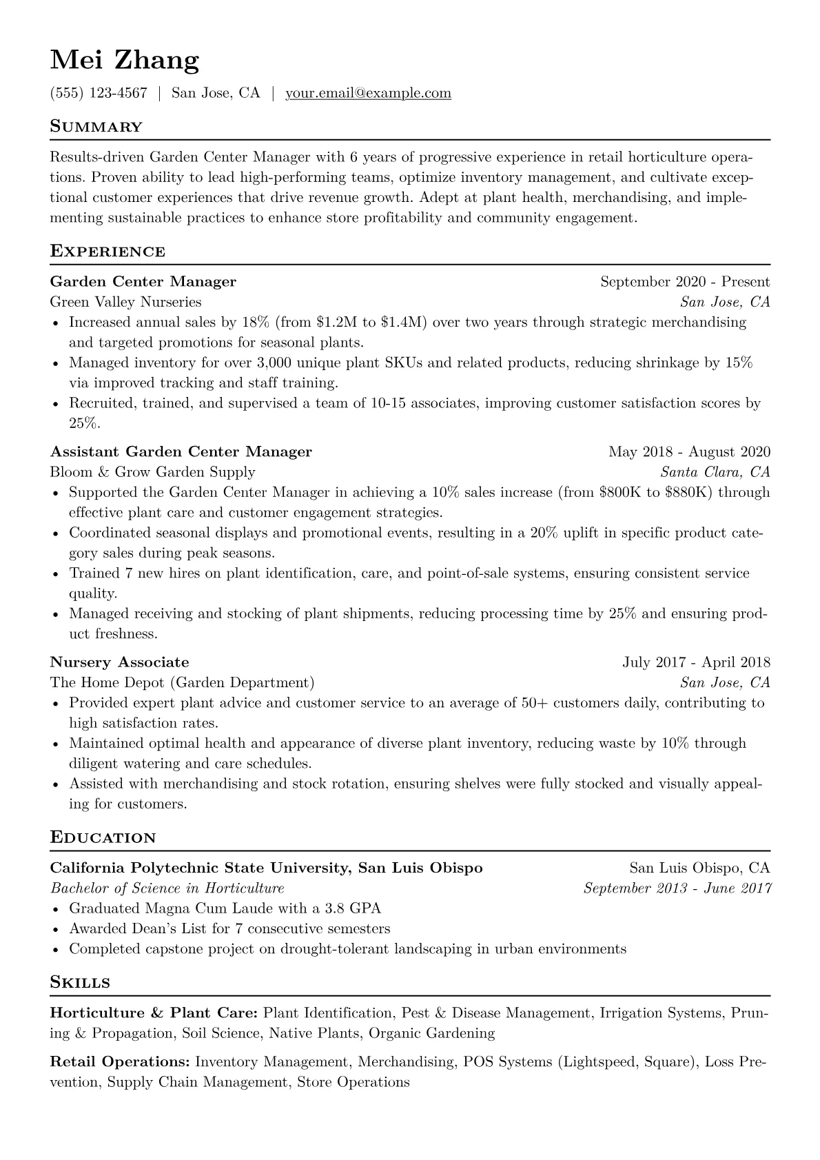 Garden Center Manager Resume Example CV template - Page 1