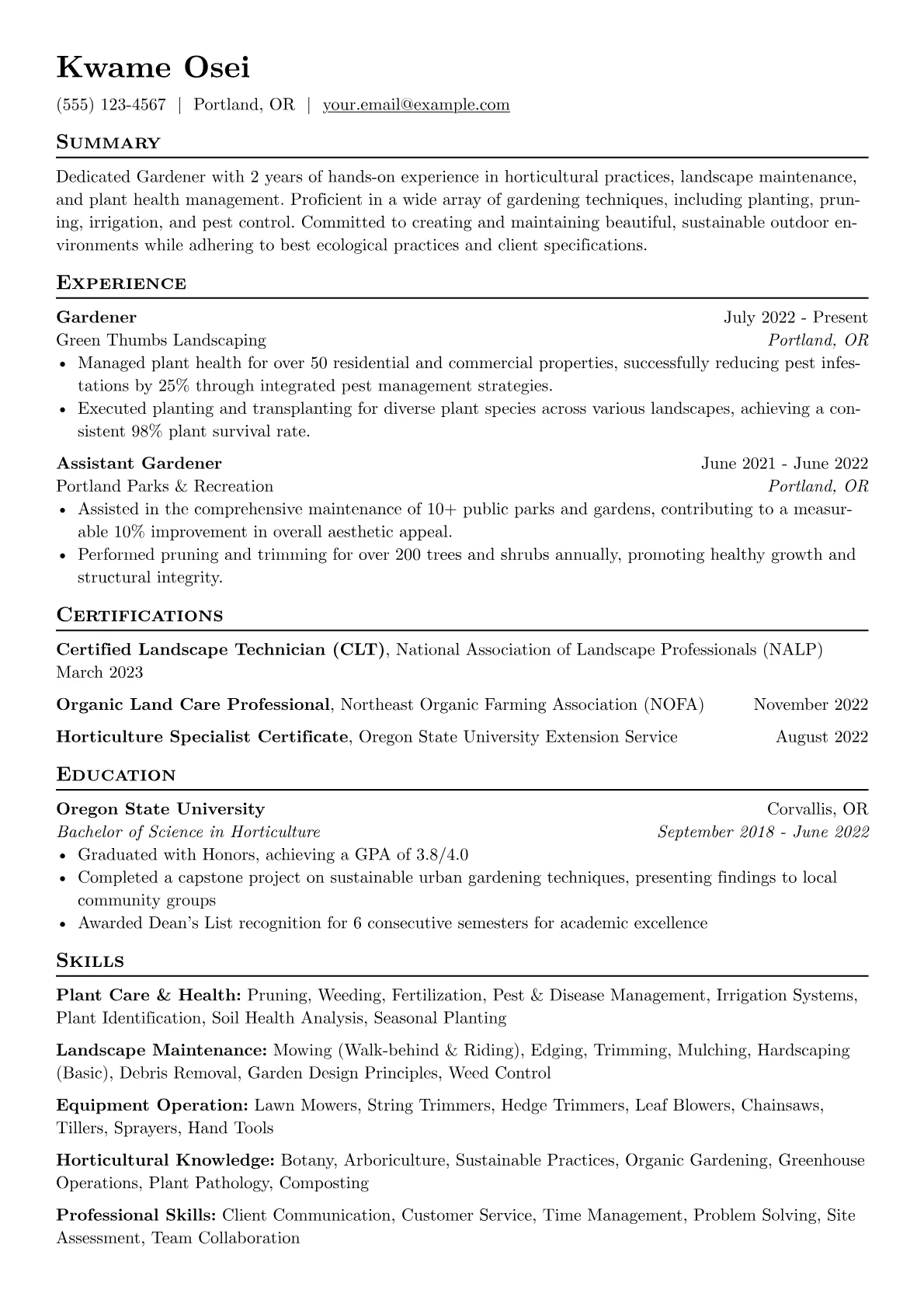 Gardener Resume Example CV template - Page 1
