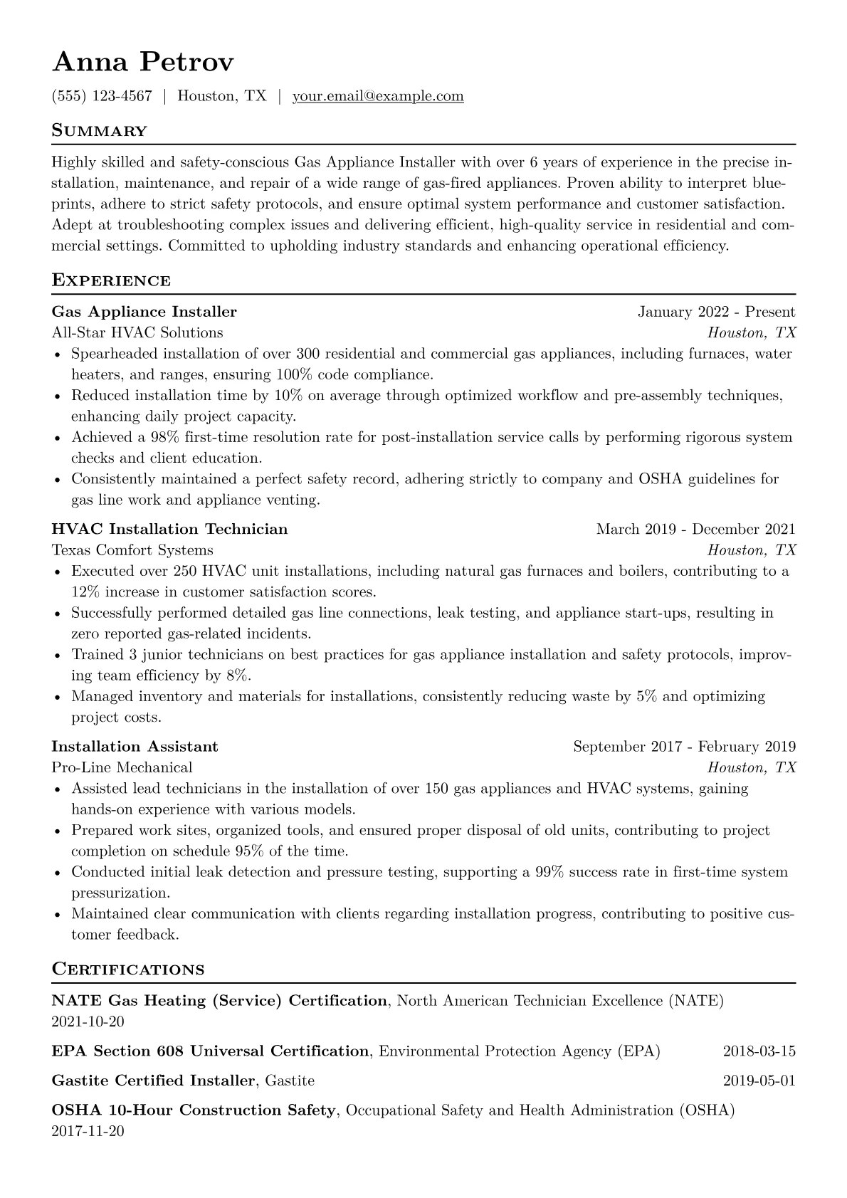 Gas Appliance Installer Resume Example CV template - Page 1