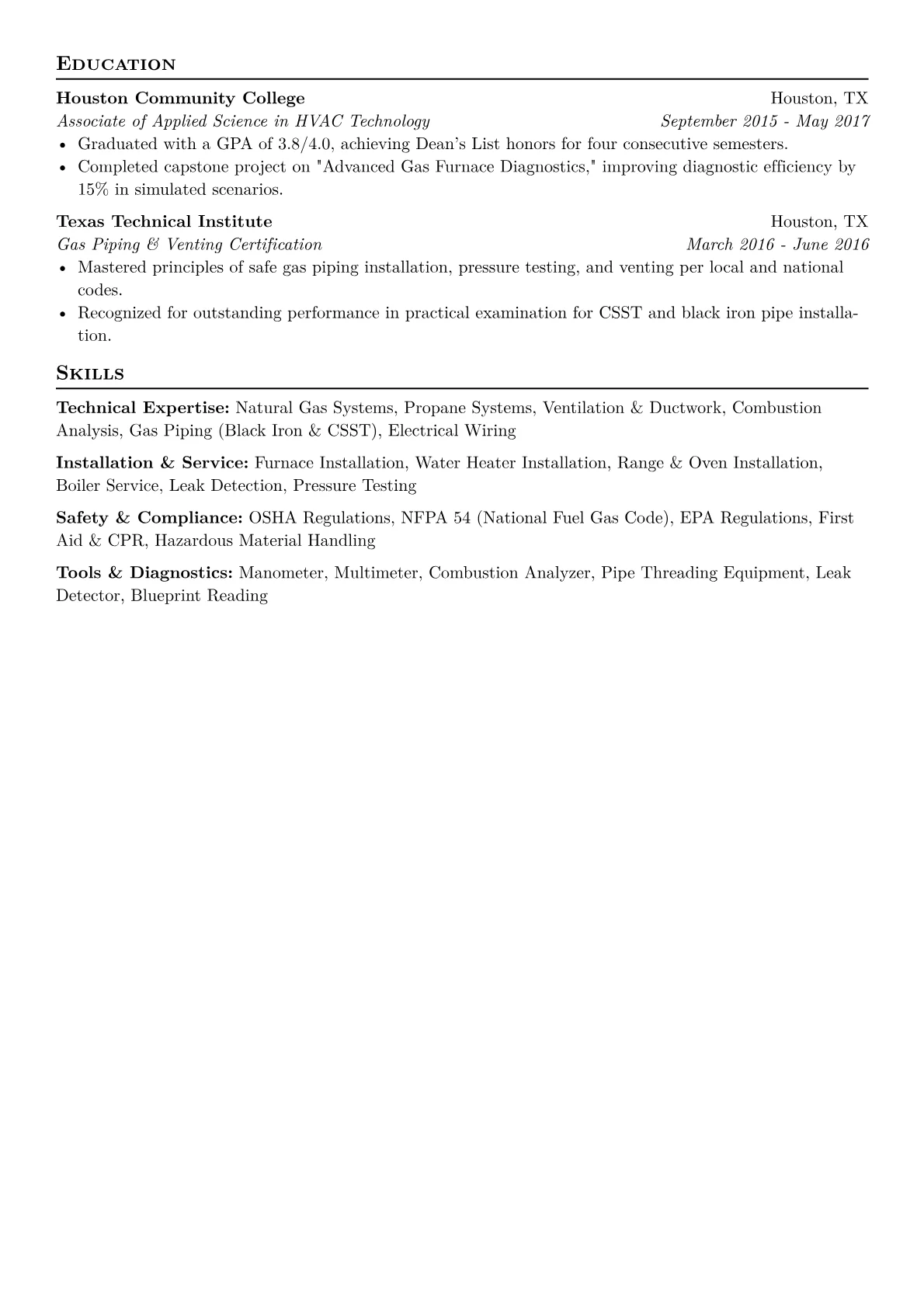 Gas Appliance Installer Resume Example CV template - Page 2