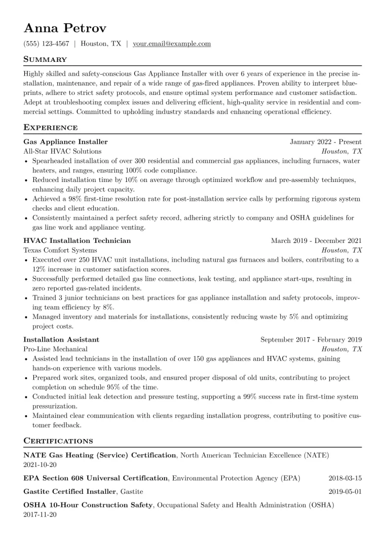 Gas Appliance Installer Resume Example CV template preview