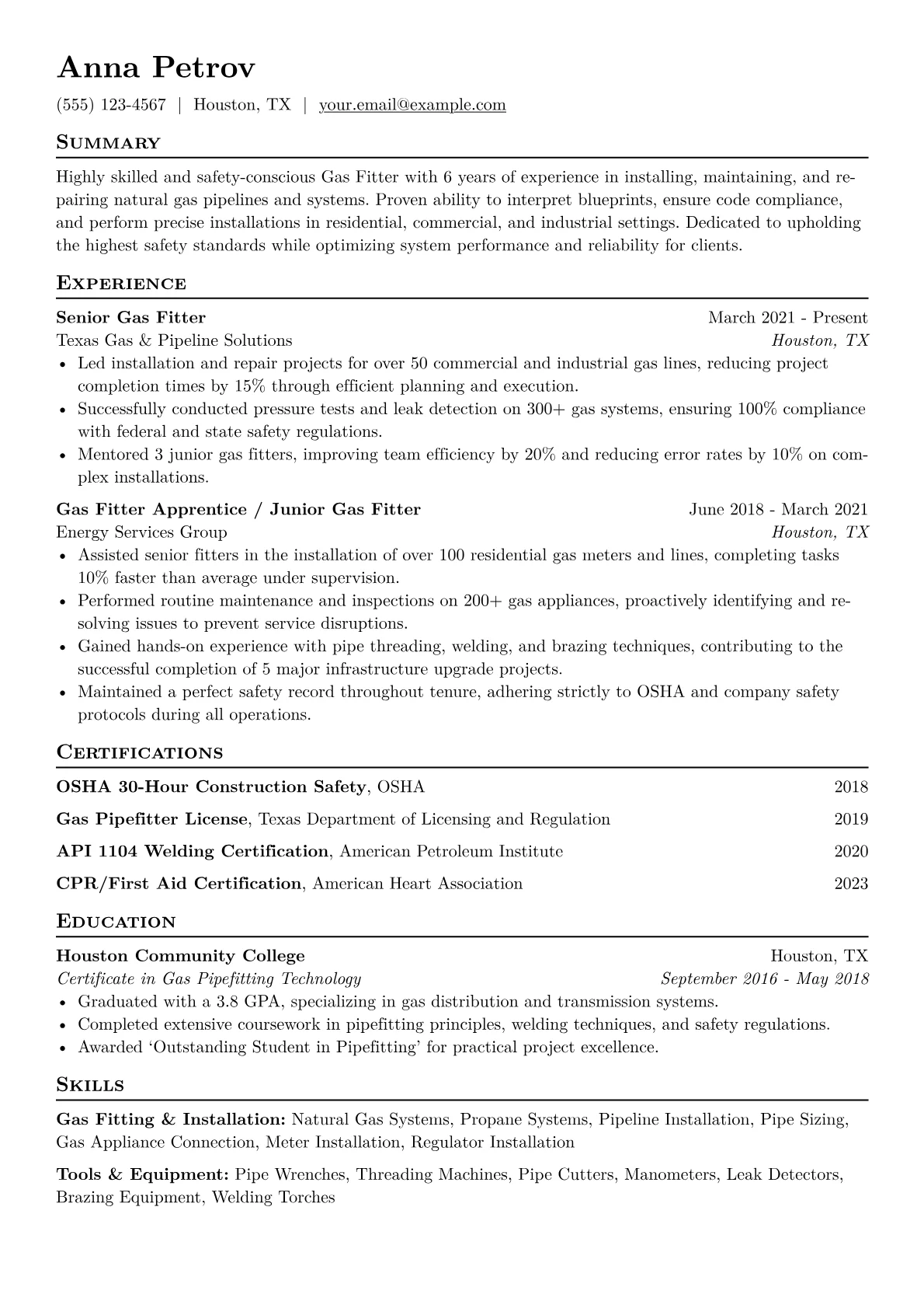 Gas Fitter Resume Example CV template - Page 1