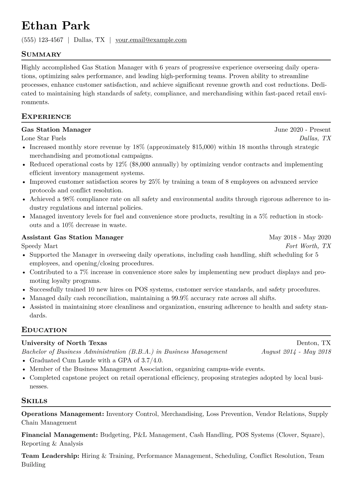 Gas Station Manager Resume Example CV template - Page 1