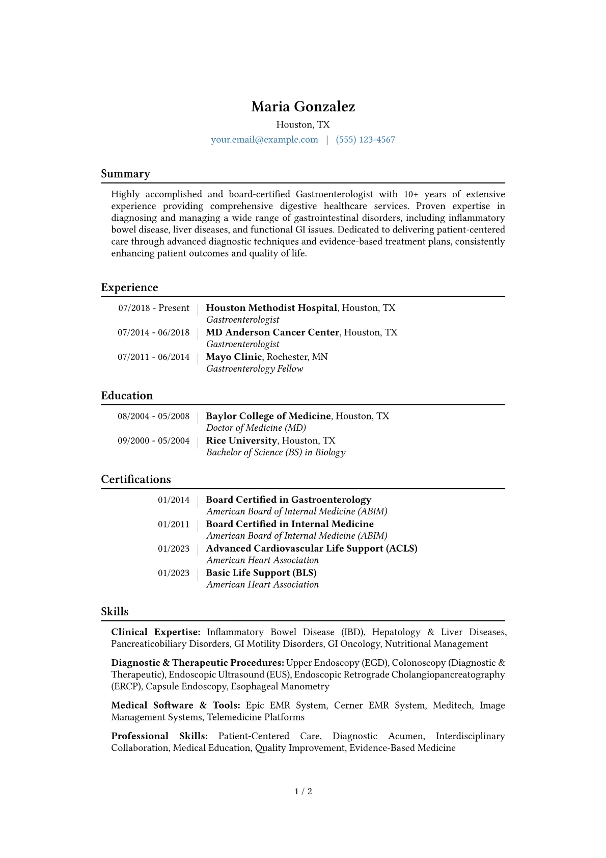 Gastroenterologist Resume Example CV template - Page 1