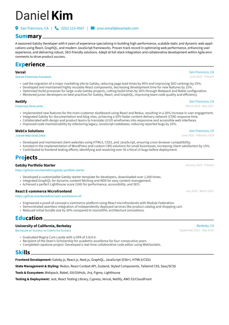 Gatsby Developer Resume Example CV template preview