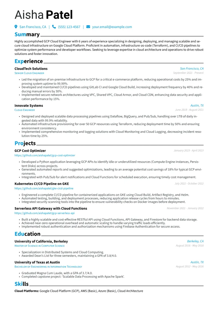 GCP Cloud Engineer Resume Example CV template preview