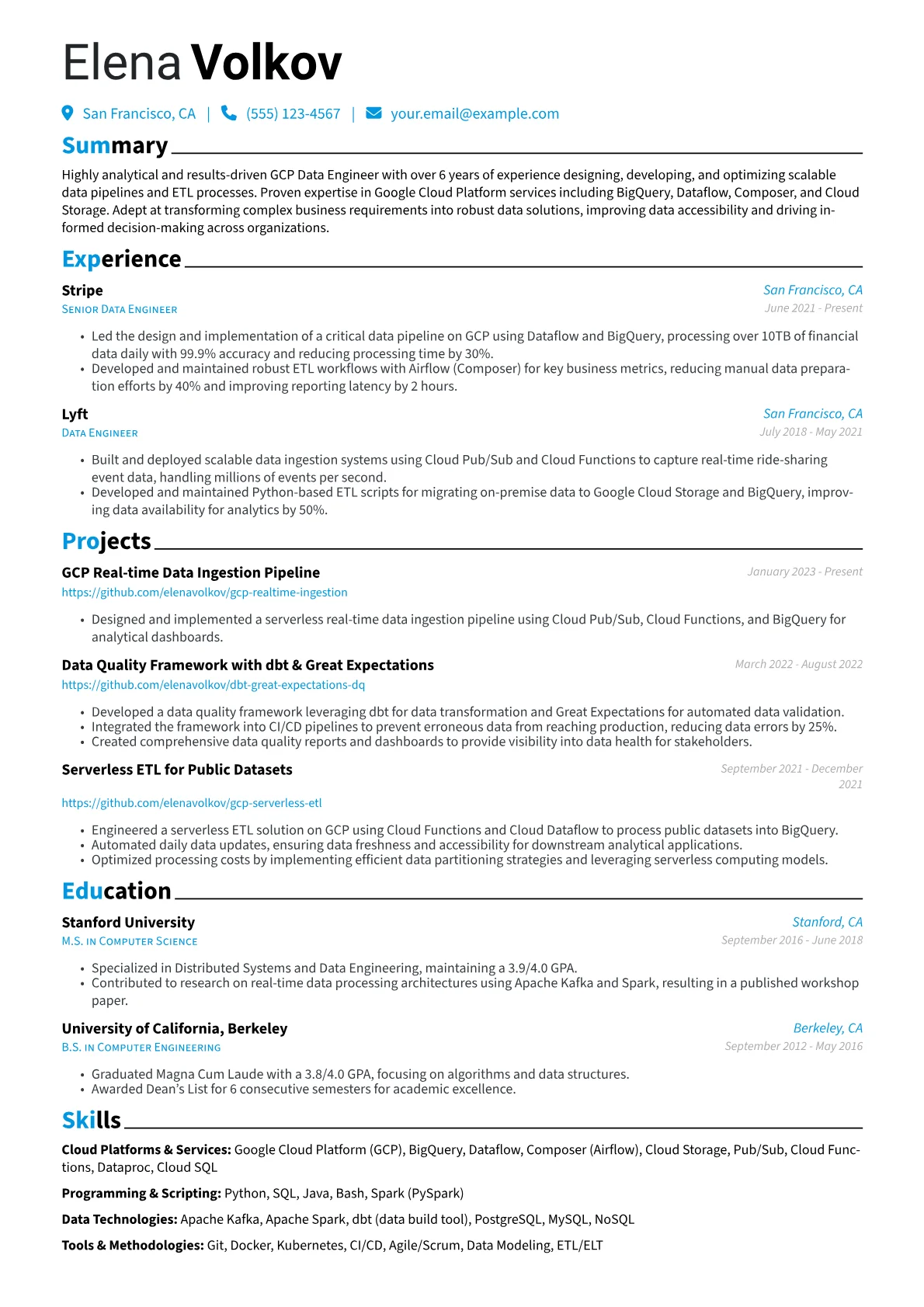GCP Data Engineer Resume Example CV template - Page 1
