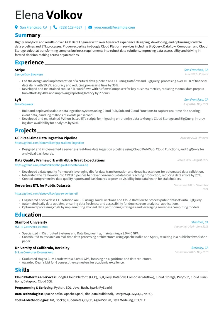 GCP Data Engineer Resume Example CV template preview