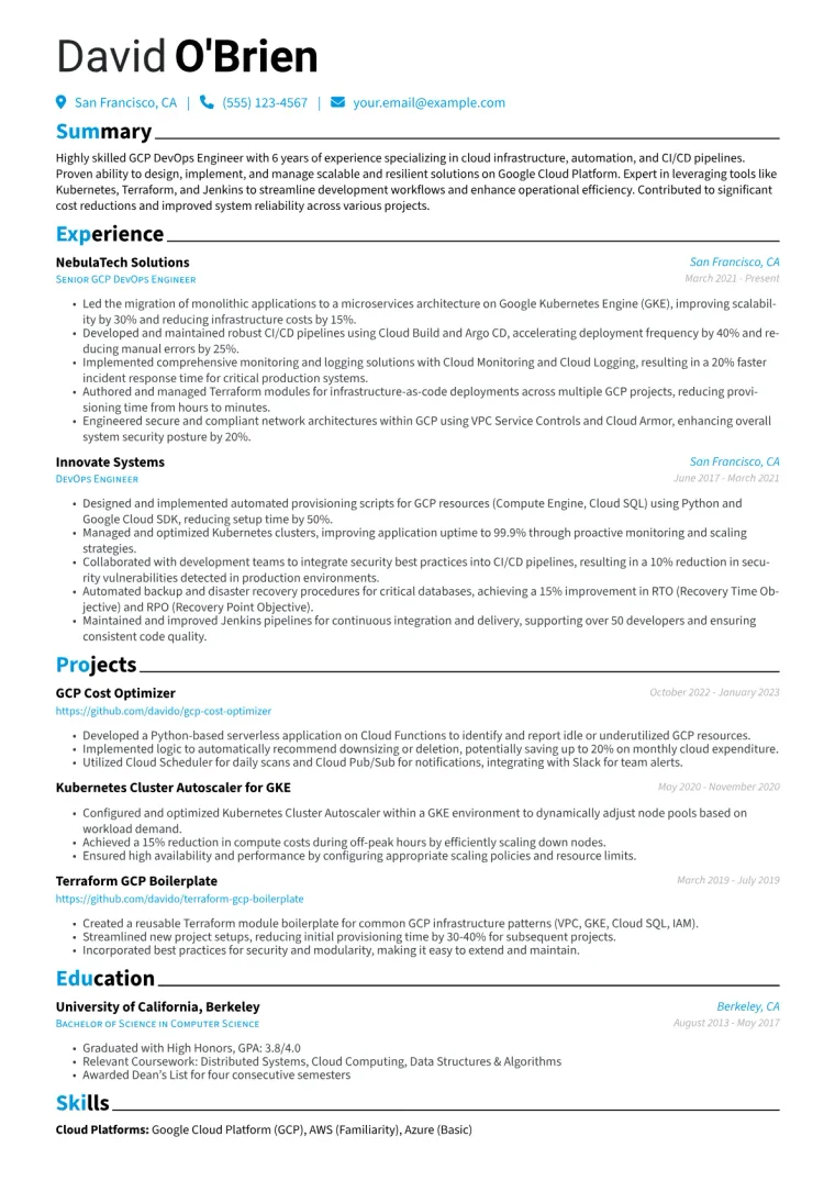 GCP DevOps Engineer Resume Example CV template preview