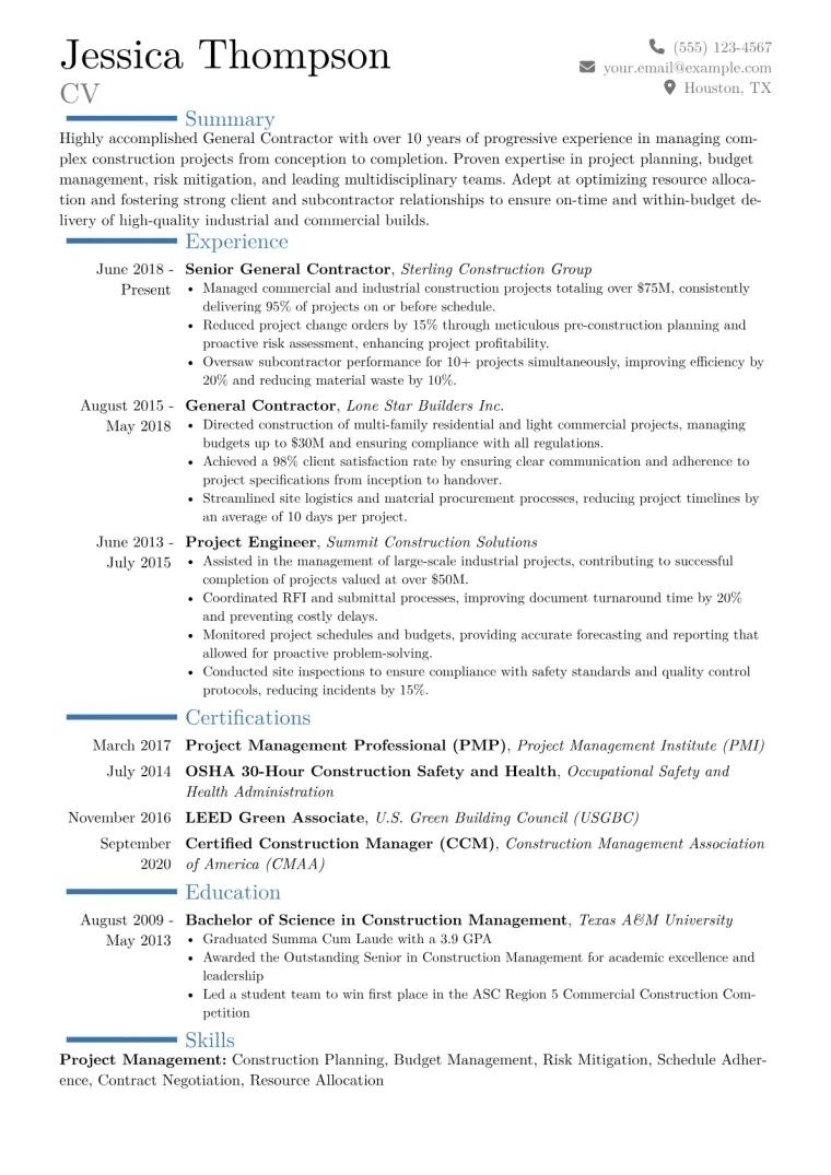 General Contractor Resume Example CV template preview
