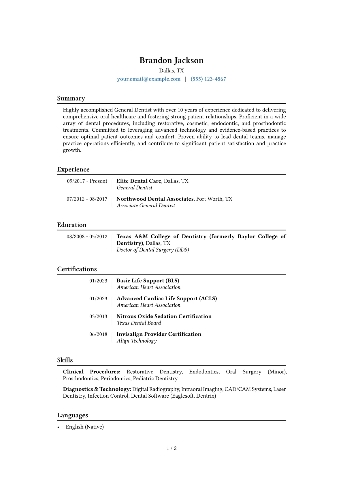 General Dentist Resume Example CV template - Page 1