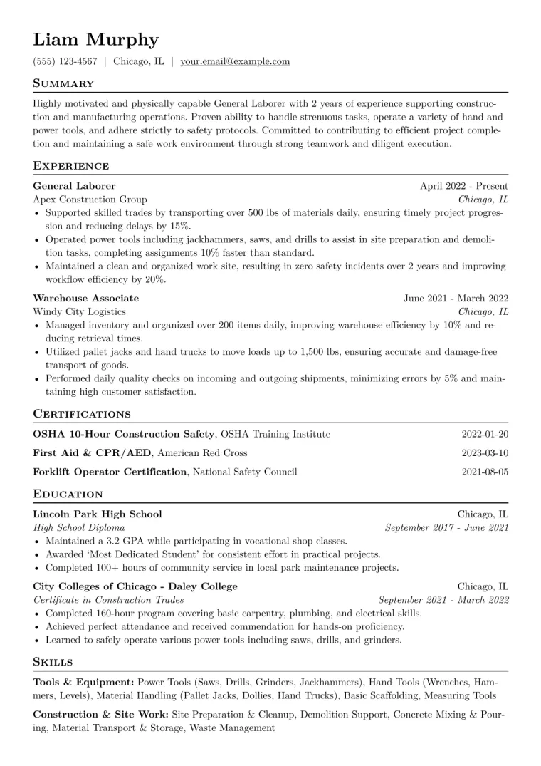 General Laborer Resume Example CV template preview