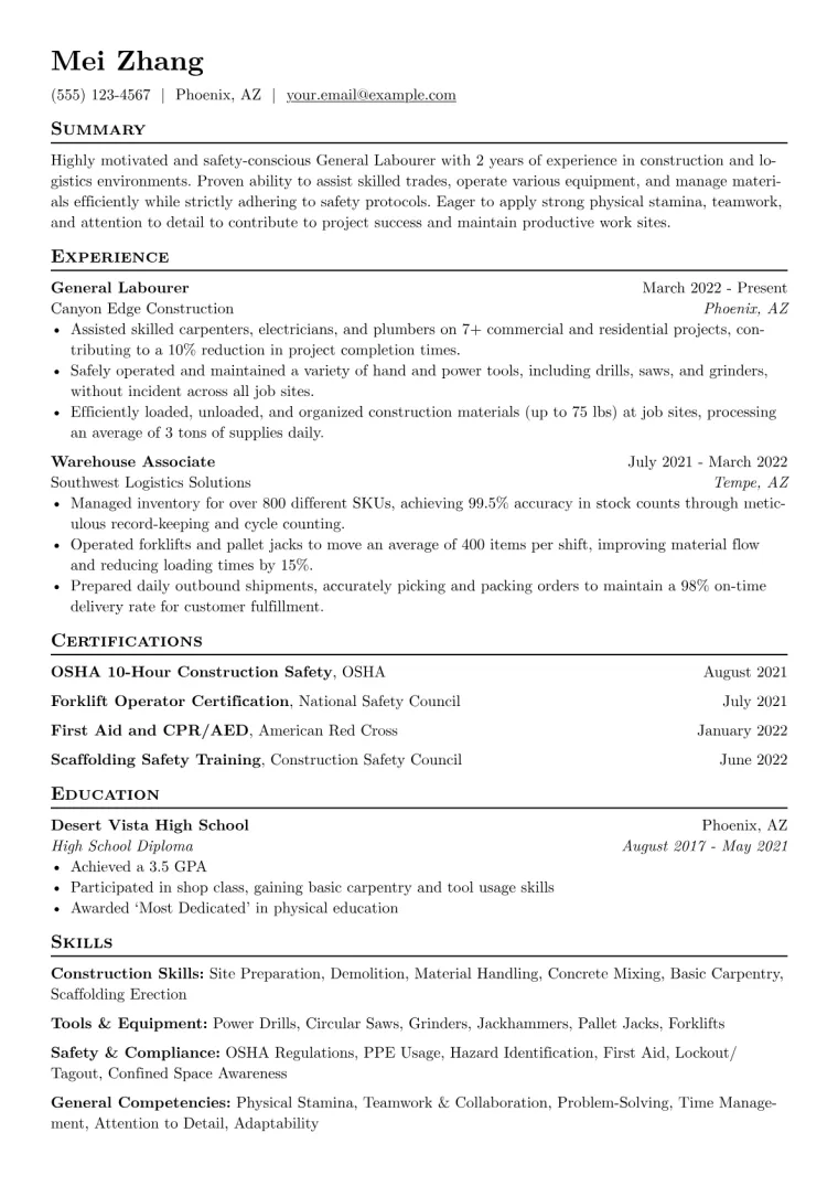 General Labourer Resume Example CV template preview