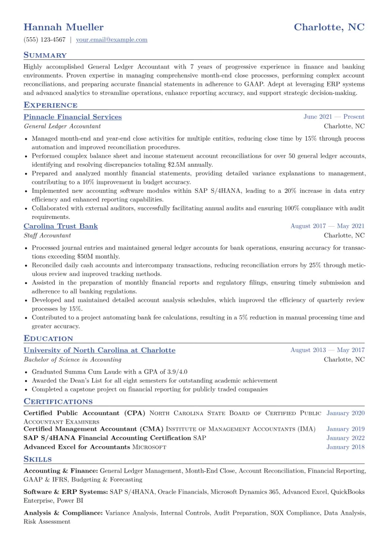 General Ledger Accountant Resume Example CV template preview