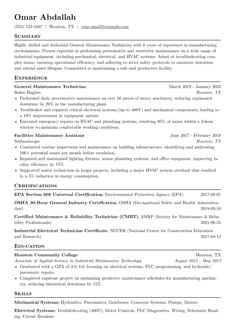 General Maintenance Technician Resume Example CV template preview