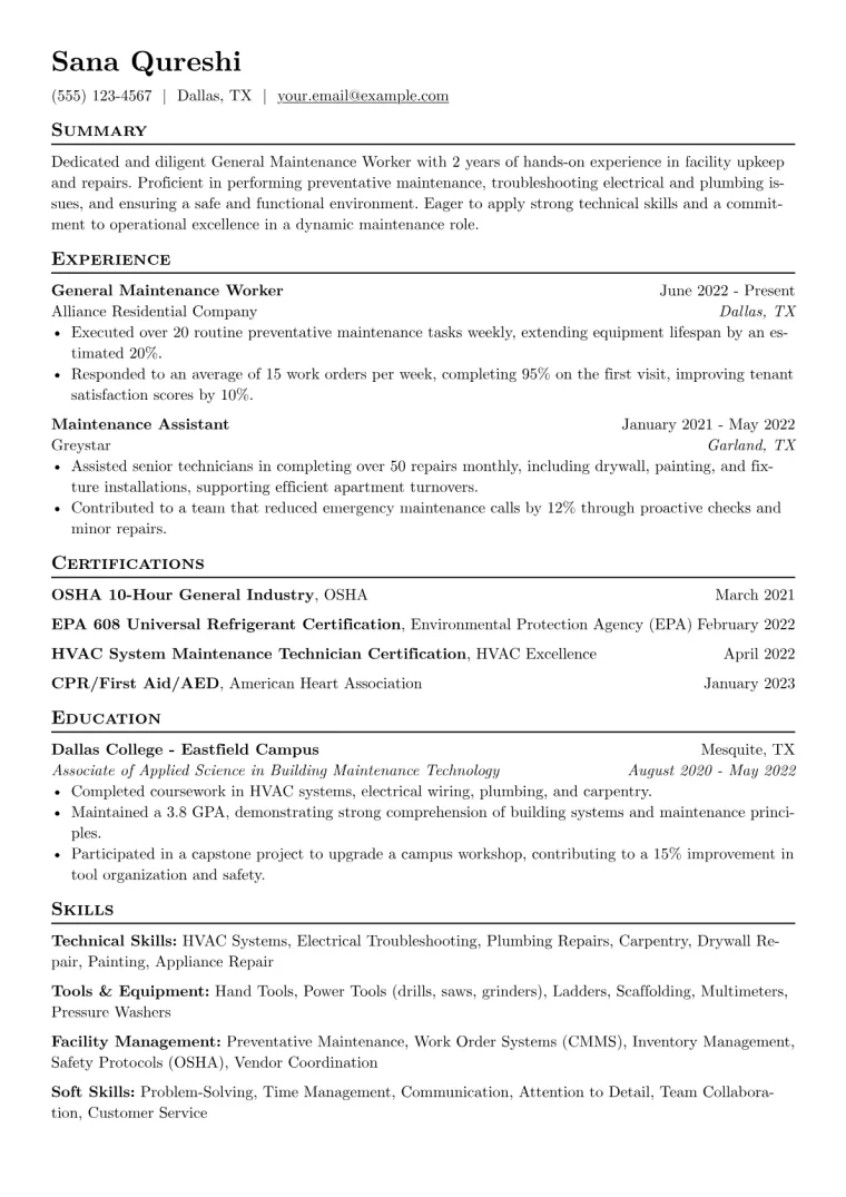 General Maintenance Worker Resume Example CV template preview