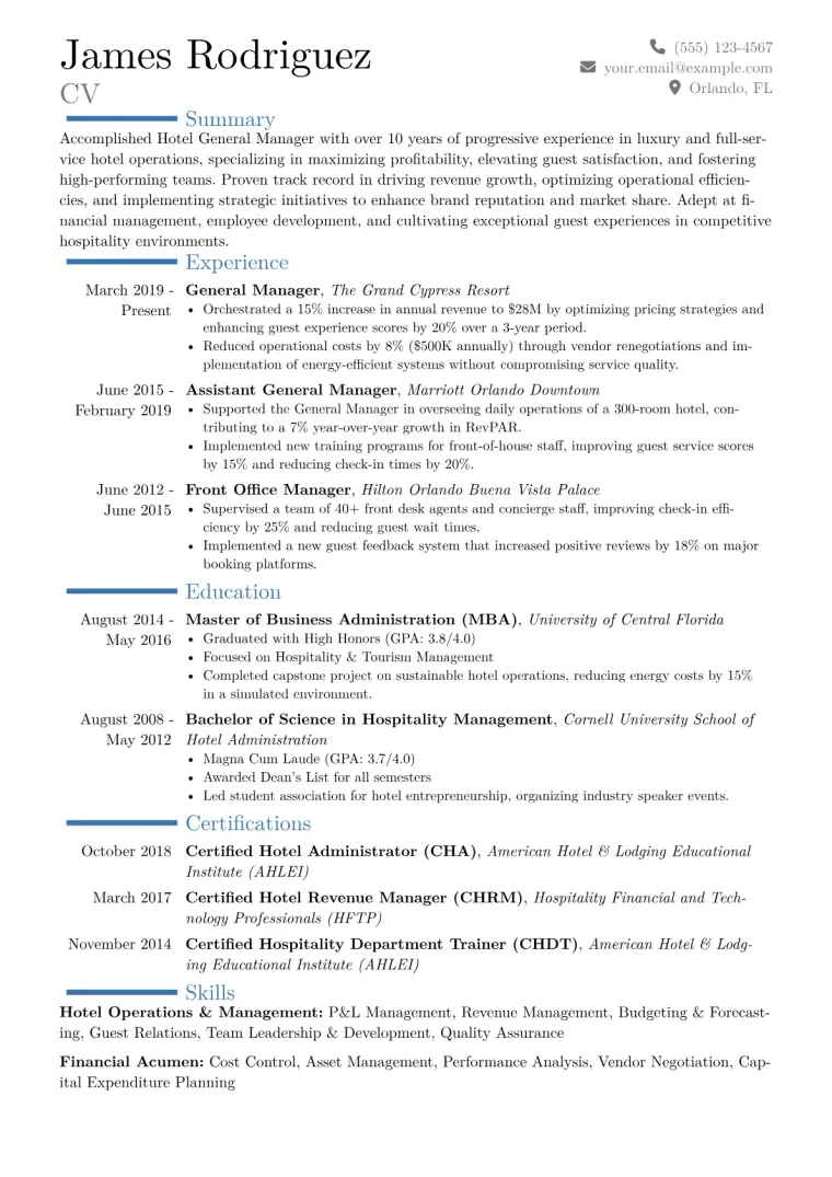 General Manager Hotel Resume Example CV template preview